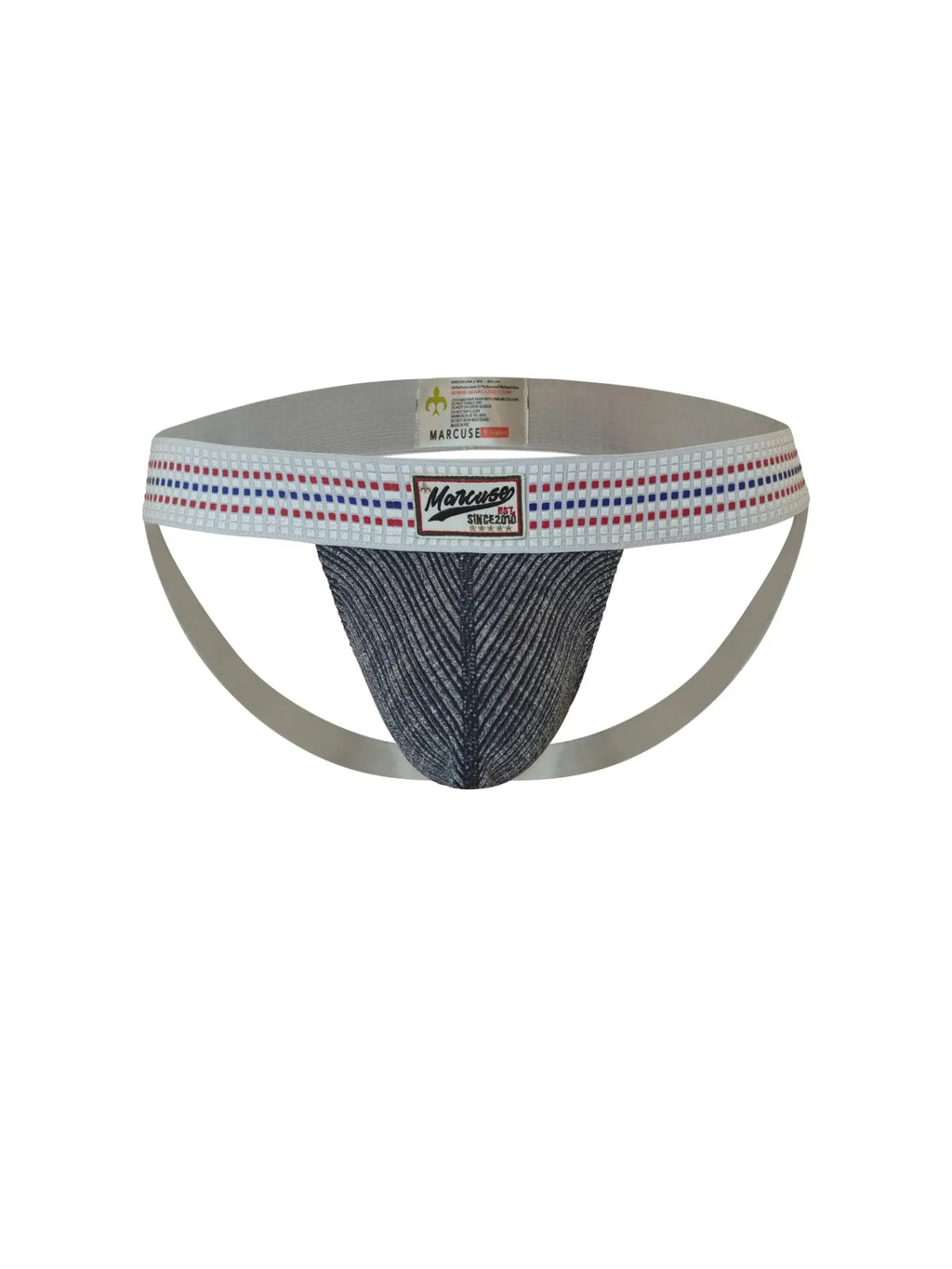 Marcuse uomo jock underwear men’s athletic briefs with gray textured fabric white waistband and silver metallic side straps