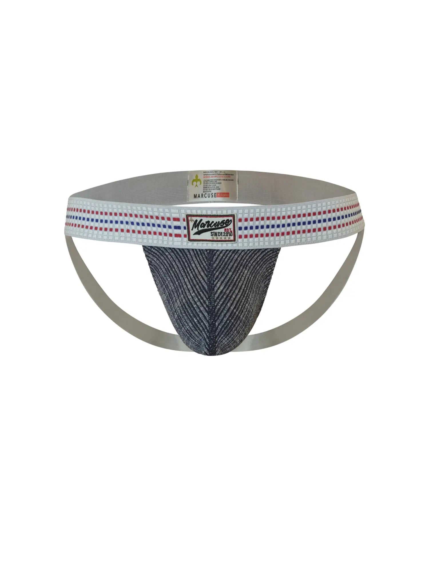 Marcuse uomo jock underwear men’s athletic briefs with gray textured fabric white waistband and silver metallic side straps