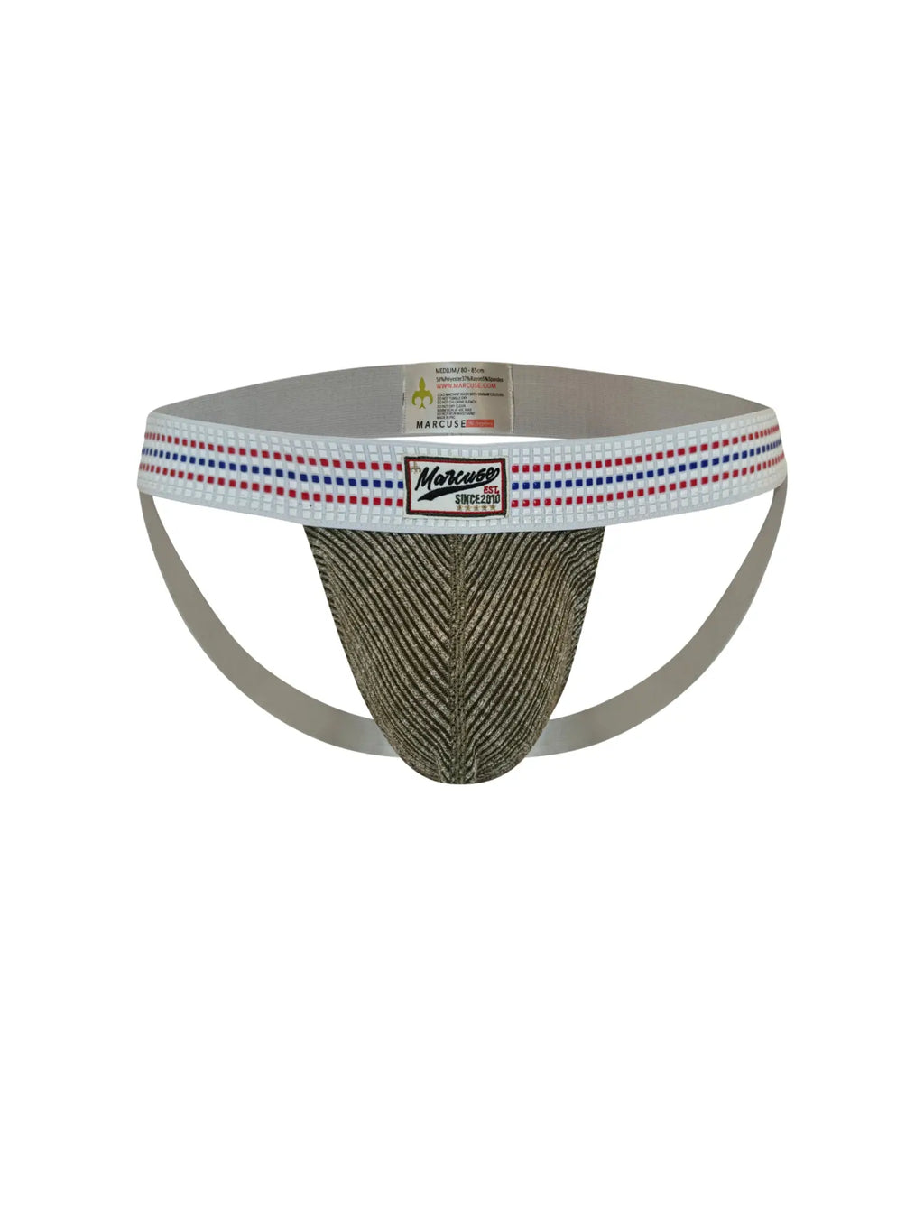 Men’s brown herringbone patterned marcuse uomo jock briefs with white waistband and red blue dotted stripes