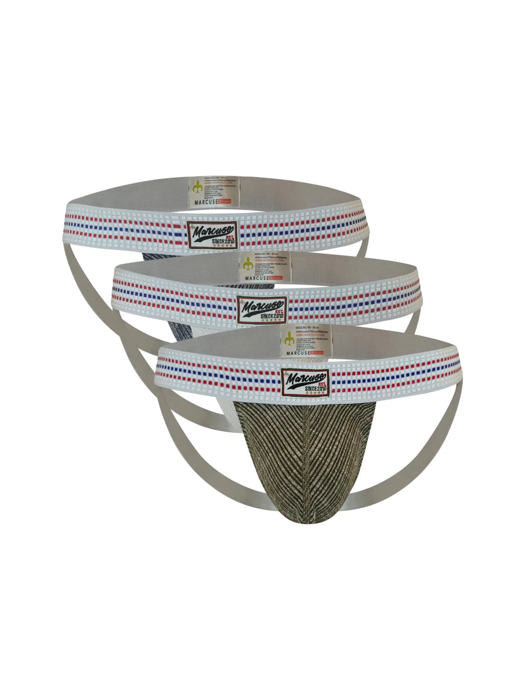 Set of three Marcuse Uomo jock underwear briefs with textured olive green fabric and white elastic waistband with red blue trim