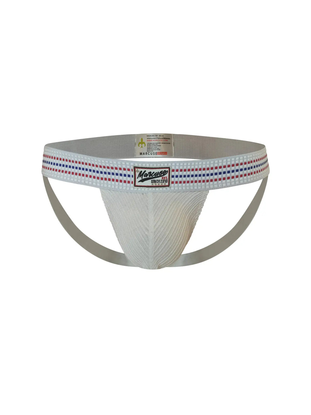 White marcuse uomo jock underwear brief with red white and blue striped waistband designed for athletic use