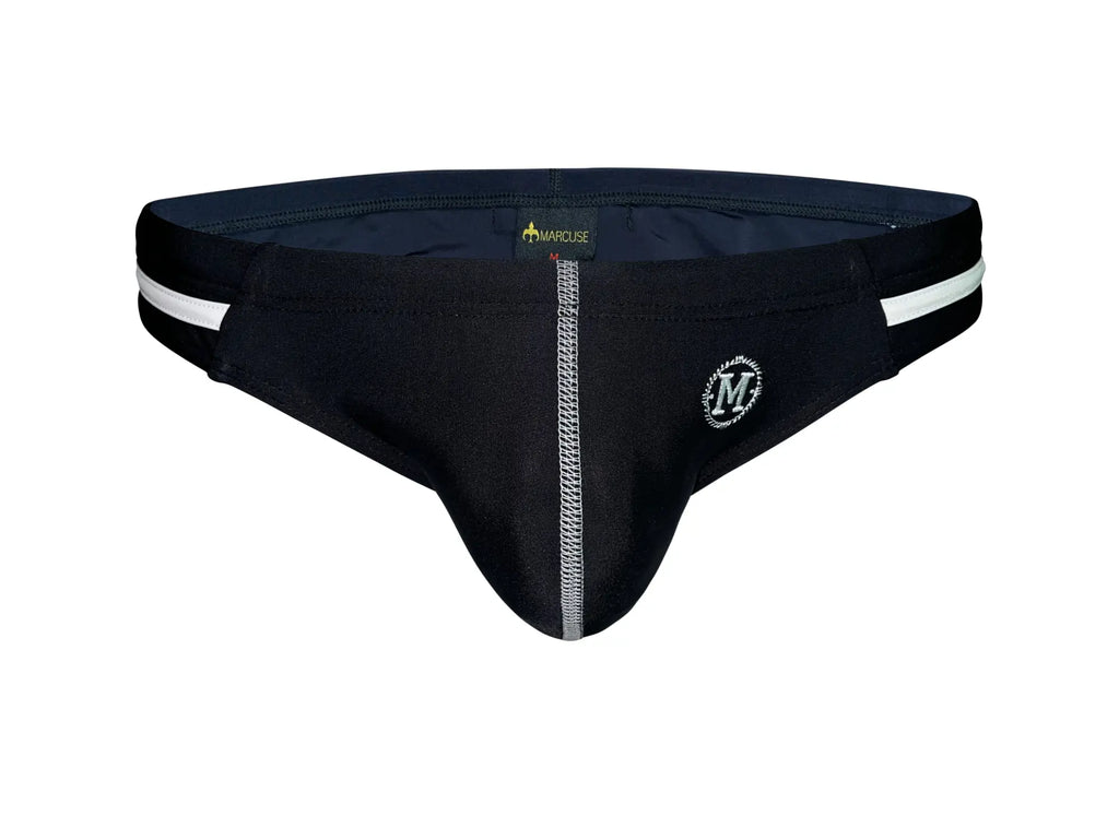 Black Marcuse Urbane bikini swim trunks with white side stripes and central zipper detail for swimwear use