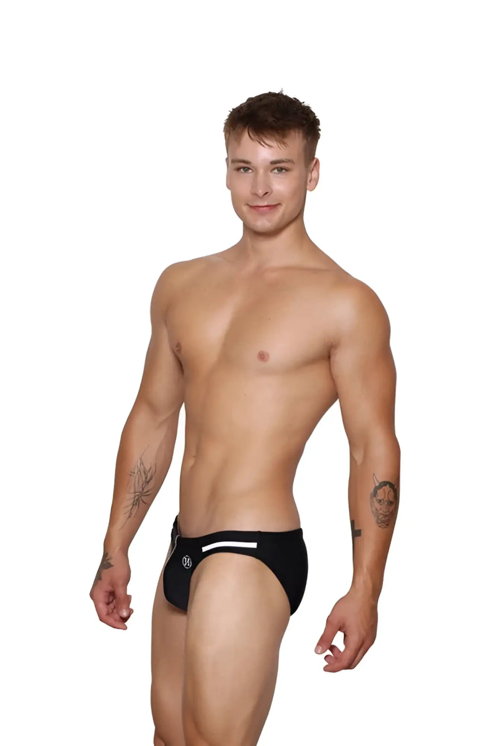 Black marcuse urbane bikini swimwear trunks with white stripe and small side logo for swimming and beachwear