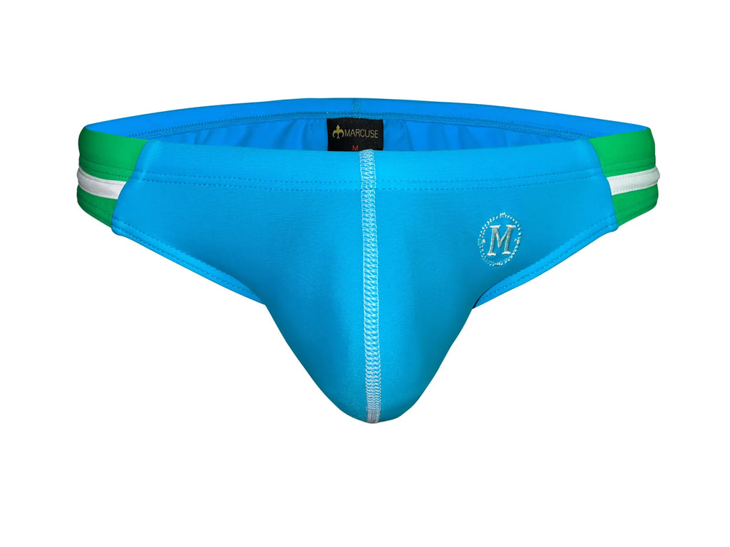 Marcuse Urbane bikini swimwear blue and green swim trunks with white trim and branded logo on the front