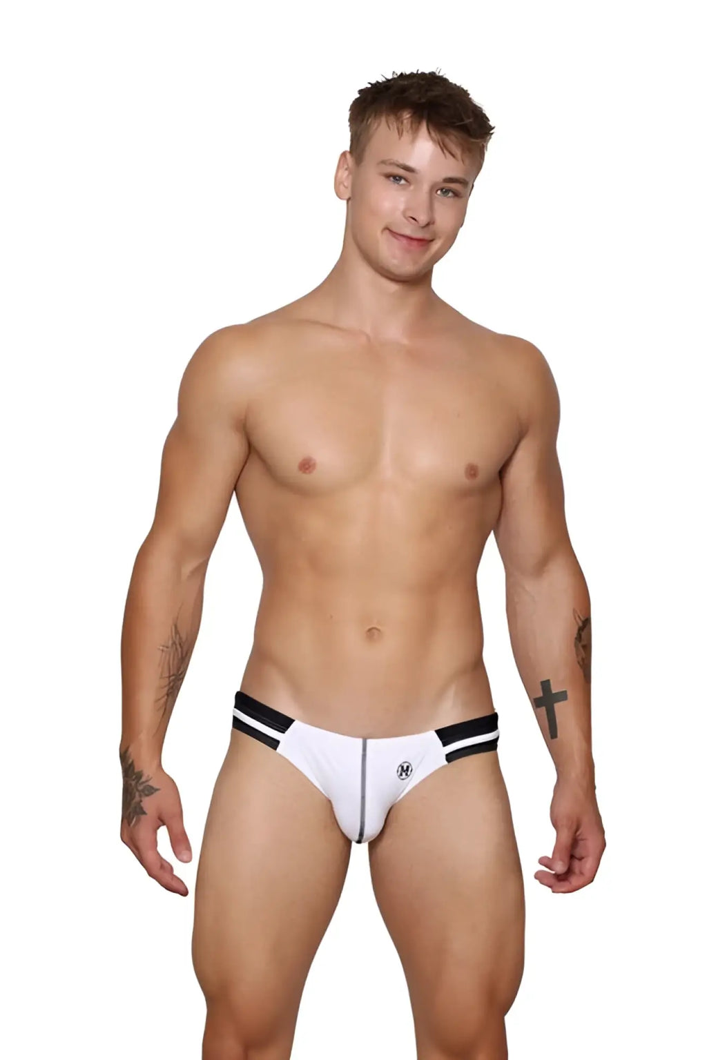 Marcuse Urbane bikini swimwear white briefs with black trim and small logo on the front in a sleek design
