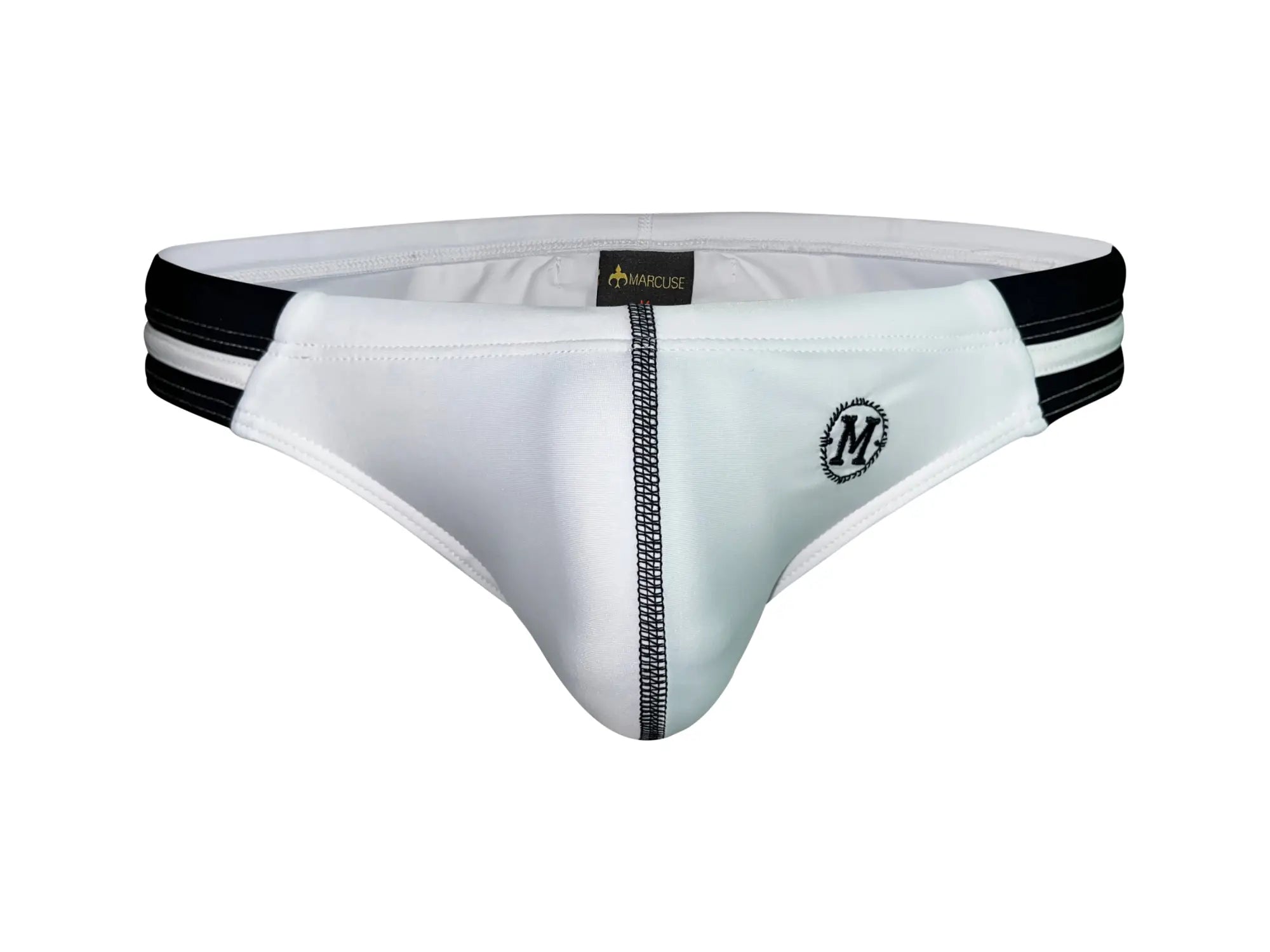 White marcuse urbane bikini swimwear briefs with black side stripes and a central zipper detail