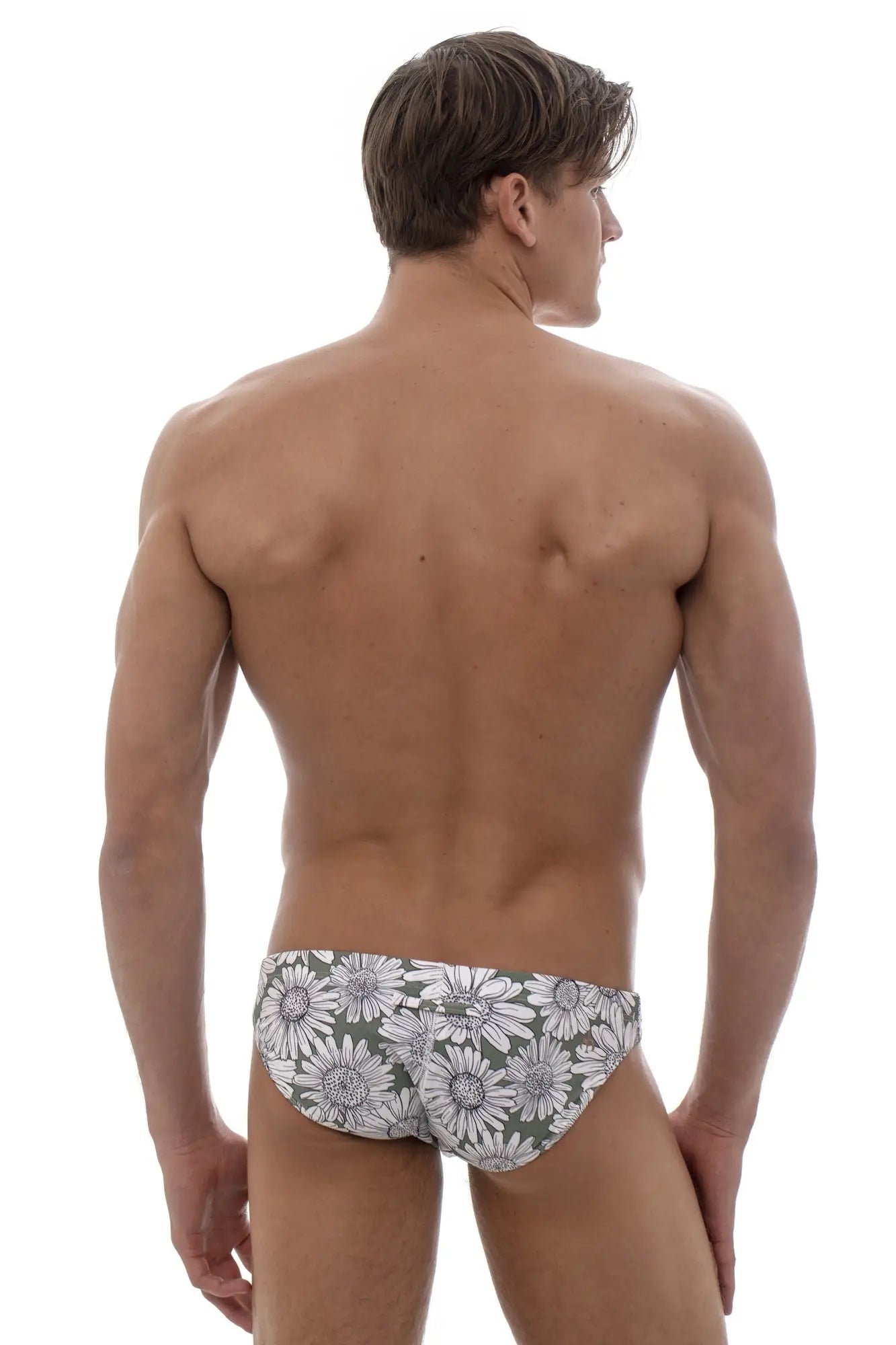 Marcuse utopia bikini swimwear gray swim trunks with white daisy floral pattern for beach and pool use