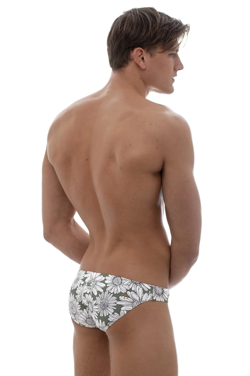 Gray marcuse utopia bikini swimwear briefs with white daisy floral pattern designed for swimwear use