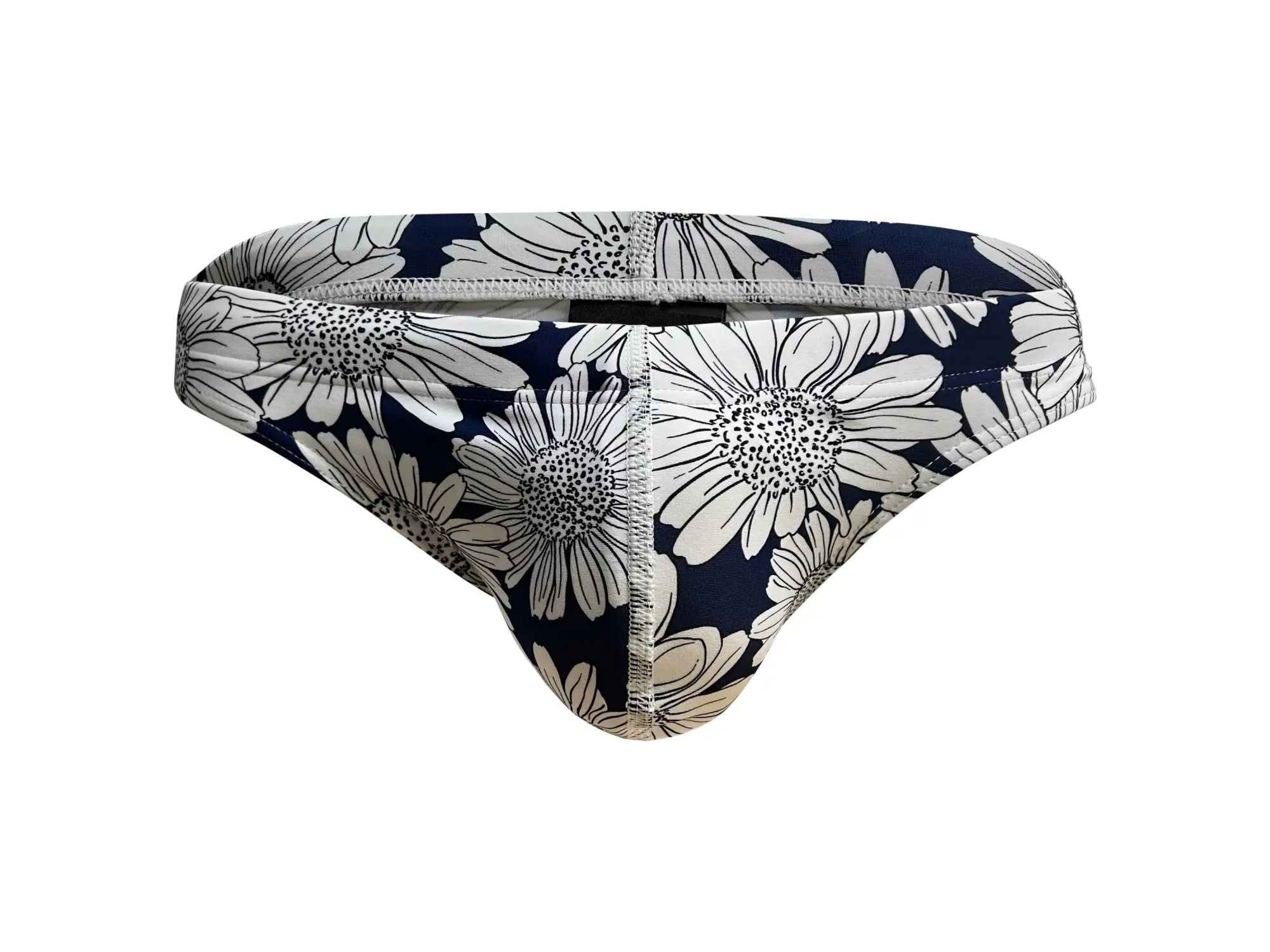 Marcuse Utopia bikini swimwear navy blue swim trunks with white daisy pattern perfect for beachwear