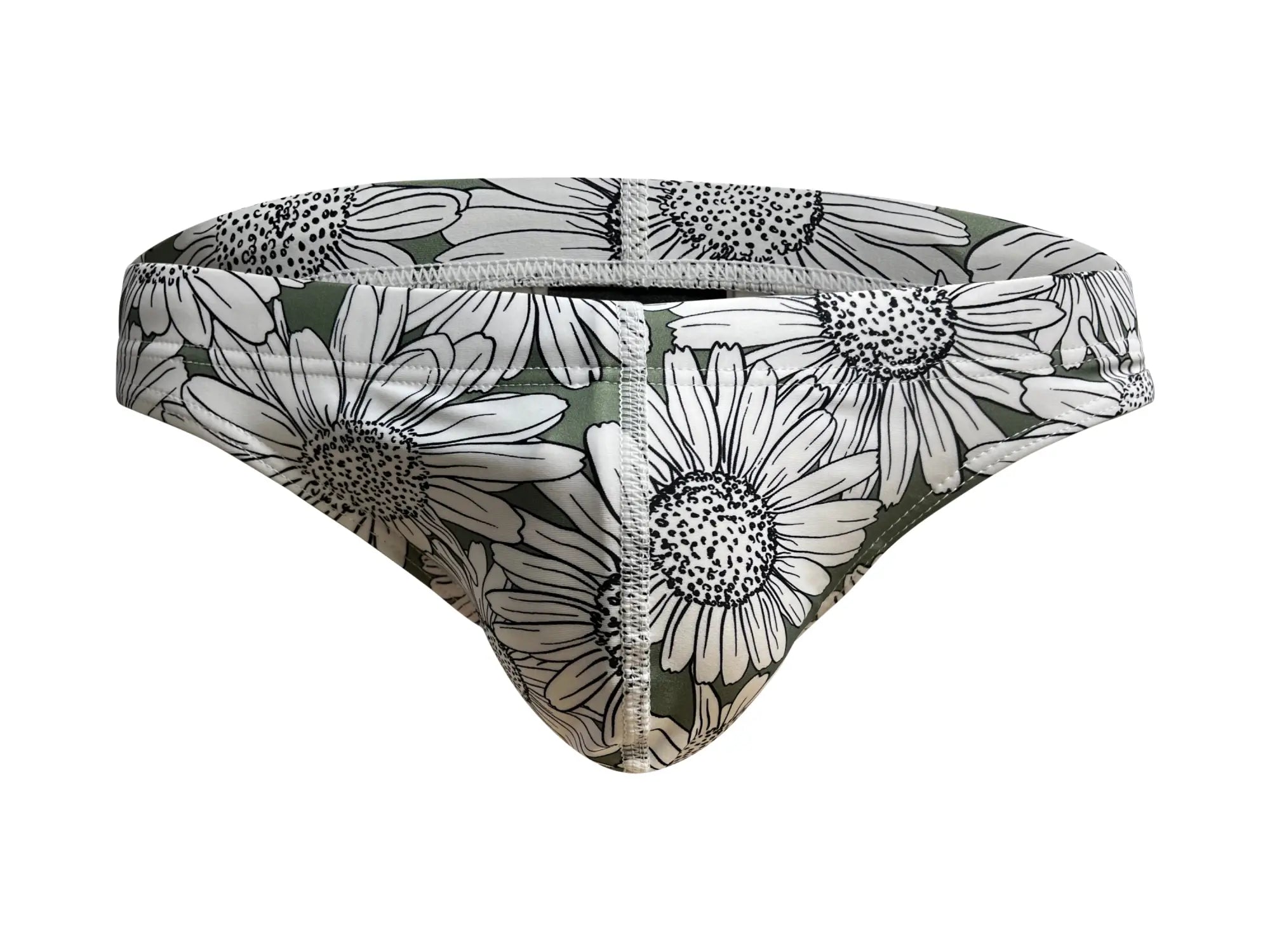 Marcuse Utopia bikini swim trunks in olive green with bold black and white daisy floral pattern and detailed dot centers