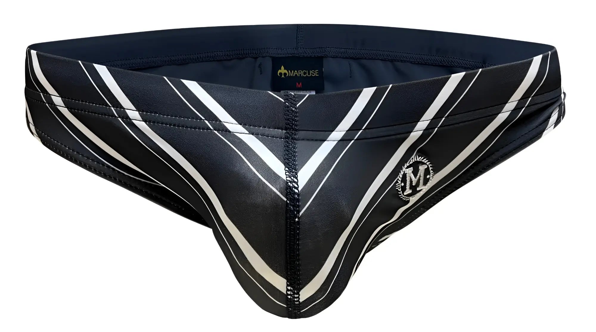 Black and white striped marcuse vacay bikini swimwear men’s swim trunks with bold diagonal stripes and branded logo on side
