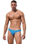 Marcuse vacay bikini swimwear blue swim trunks with white diagonal stripes and a small logo on the front