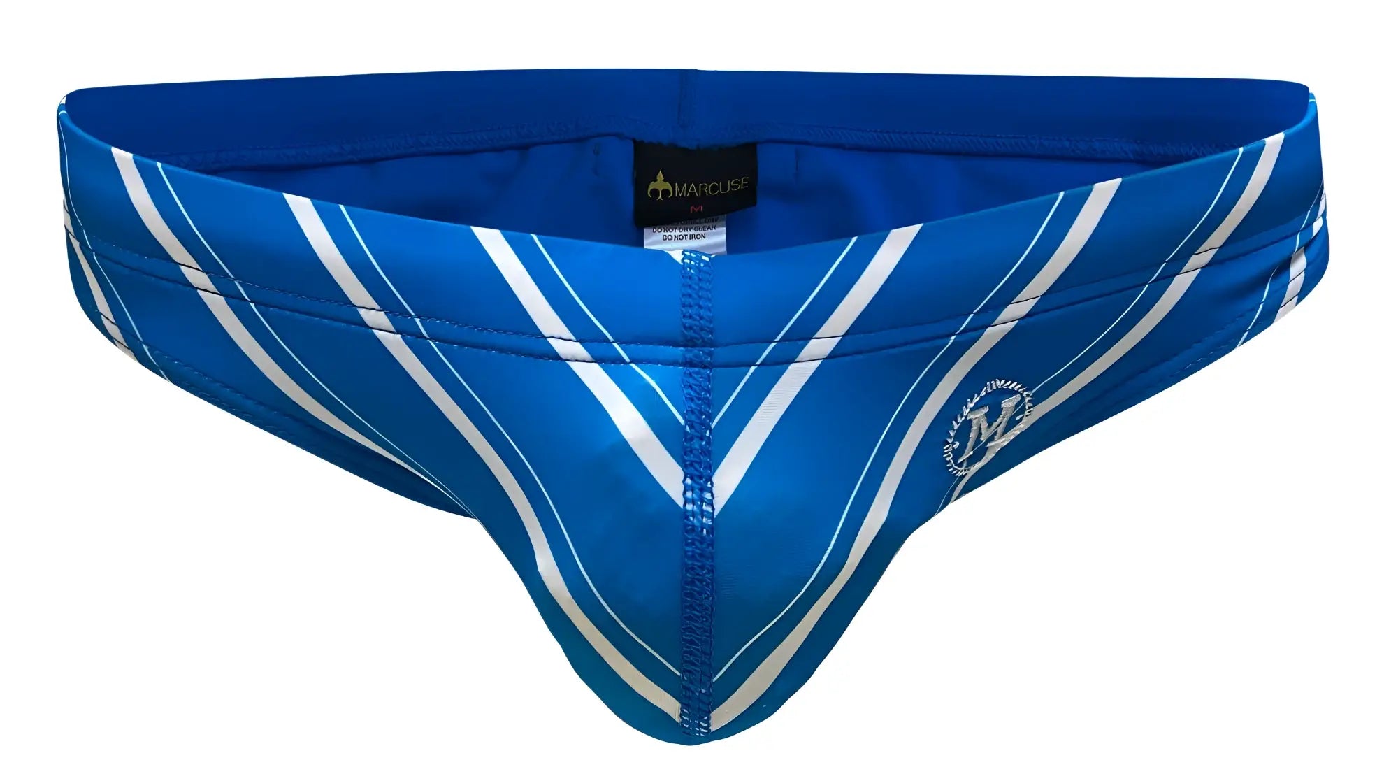 Marcuse Vacay Bikini swimwear blue and white striped men’s swim trunks with sleek athletic design for swimming and beachwear