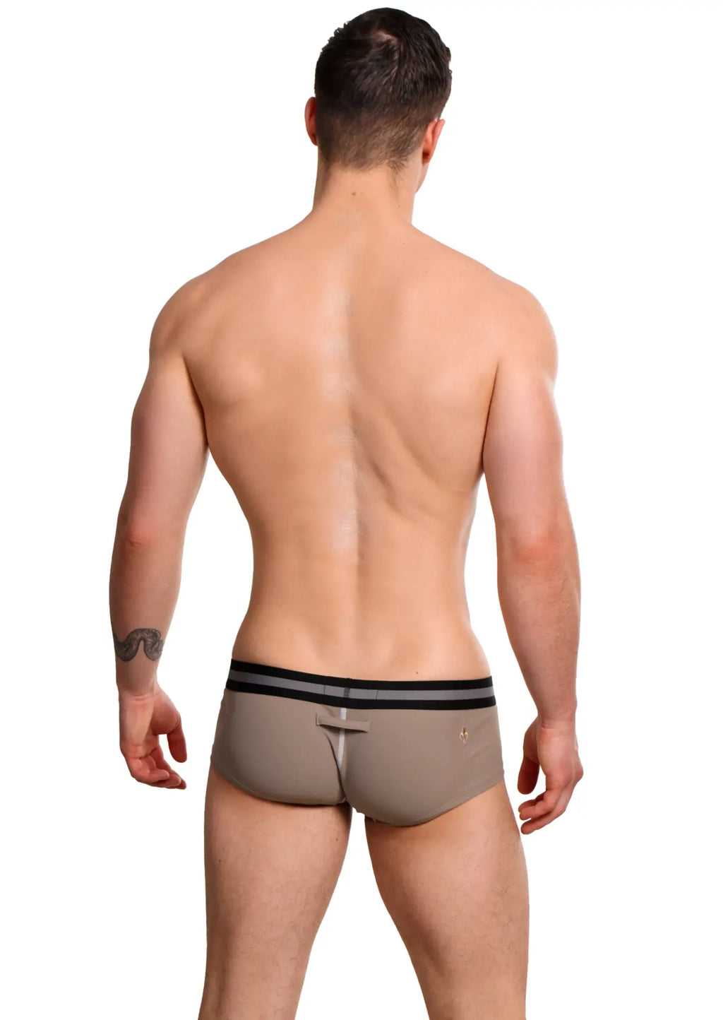Beige Marcuse Vertio boxer briefs with black elastic waistband featuring two horizontal stripes for everyday comfort