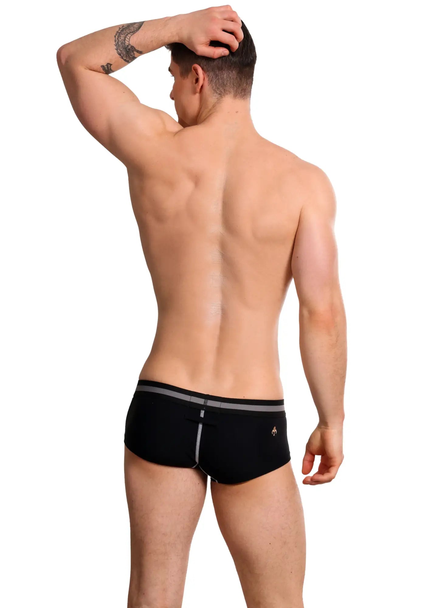 Marcuse vertio boxer underwear black briefs with gray waistband silver stitching and small side logo