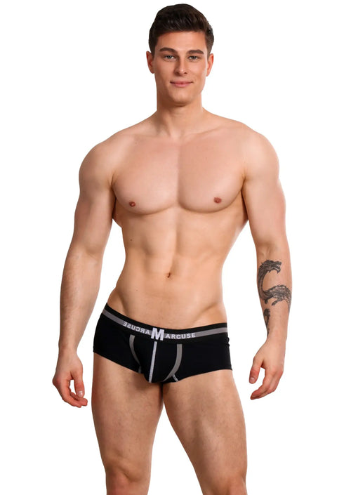 Black marcuse vertio boxer briefs with gray waistband and white logo detailing made from soft fabric