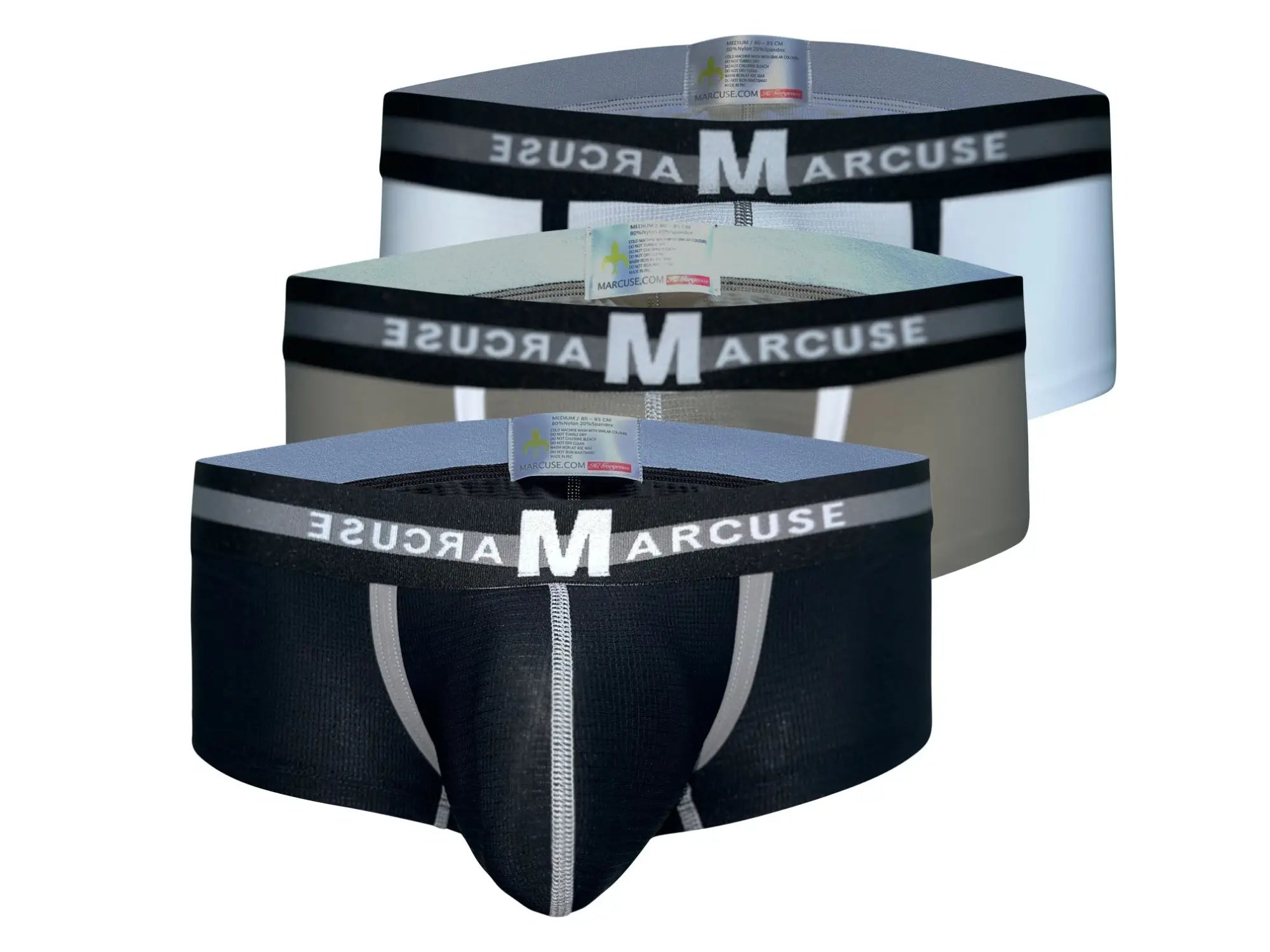 Marcuse vertio boxer underwear in black gray and white with textured fabric waistband featuring bold brand name