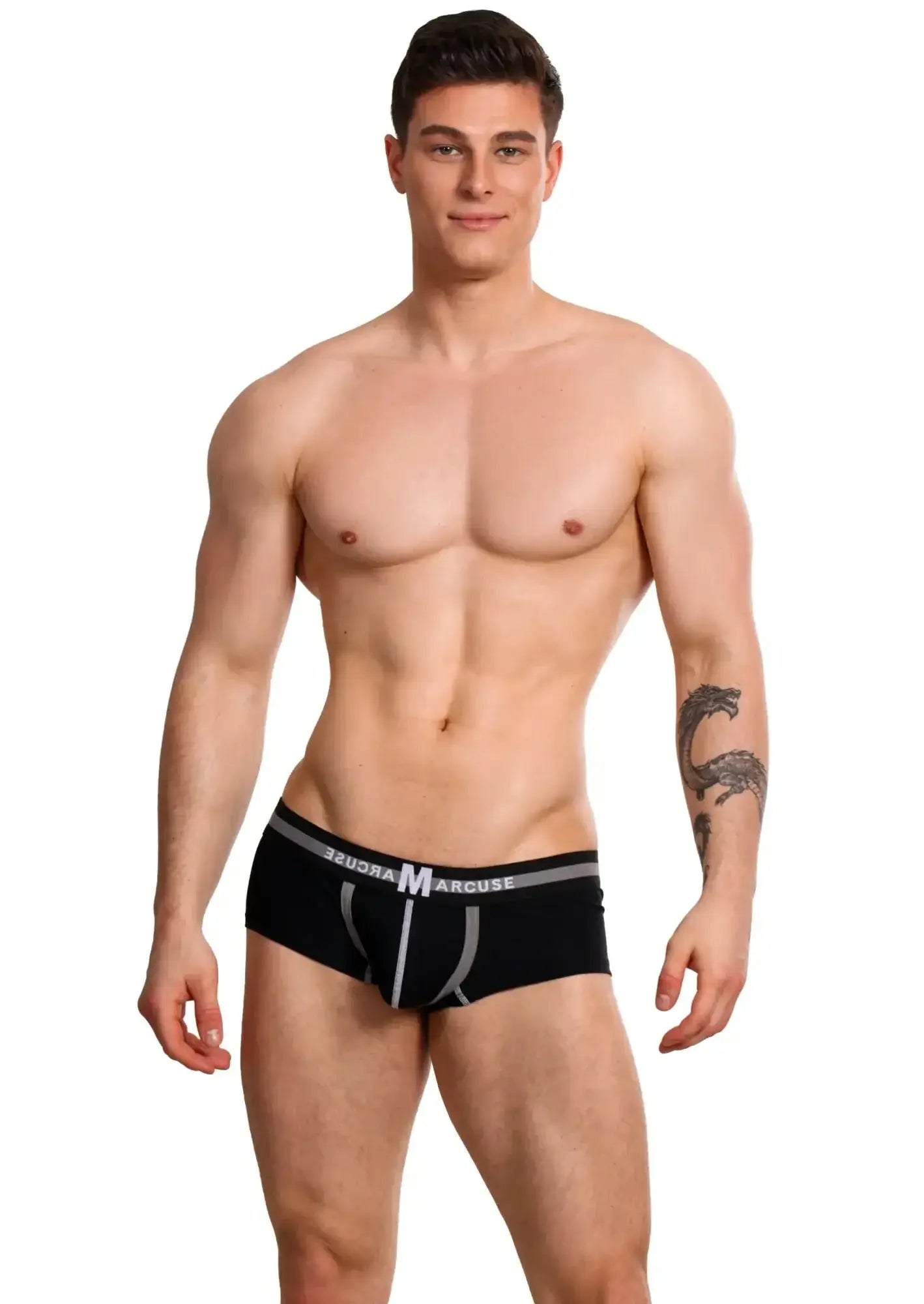 Black marcuse vertio boxer briefs with gray waistband and white logo detailing made from soft fabric