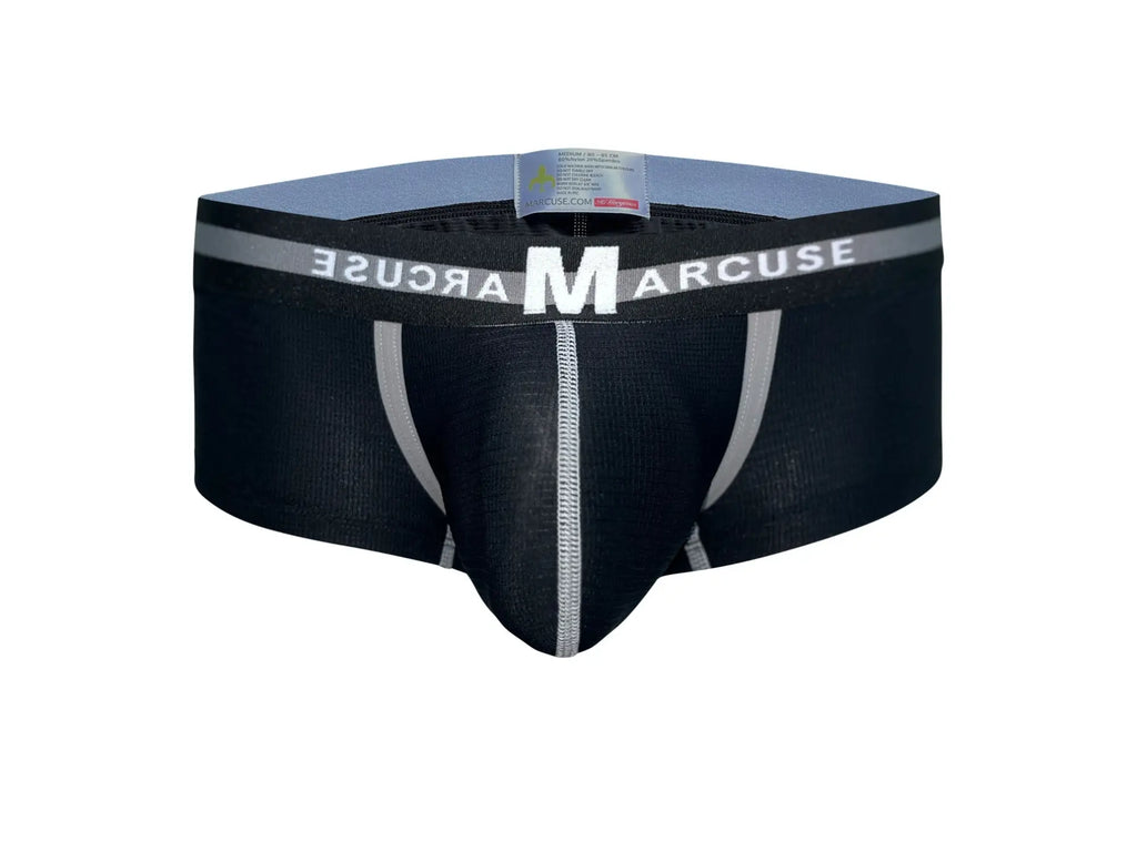 Black marcuse vertio boxer underwear with silver trim and central seam designed for comfortable everyday wear