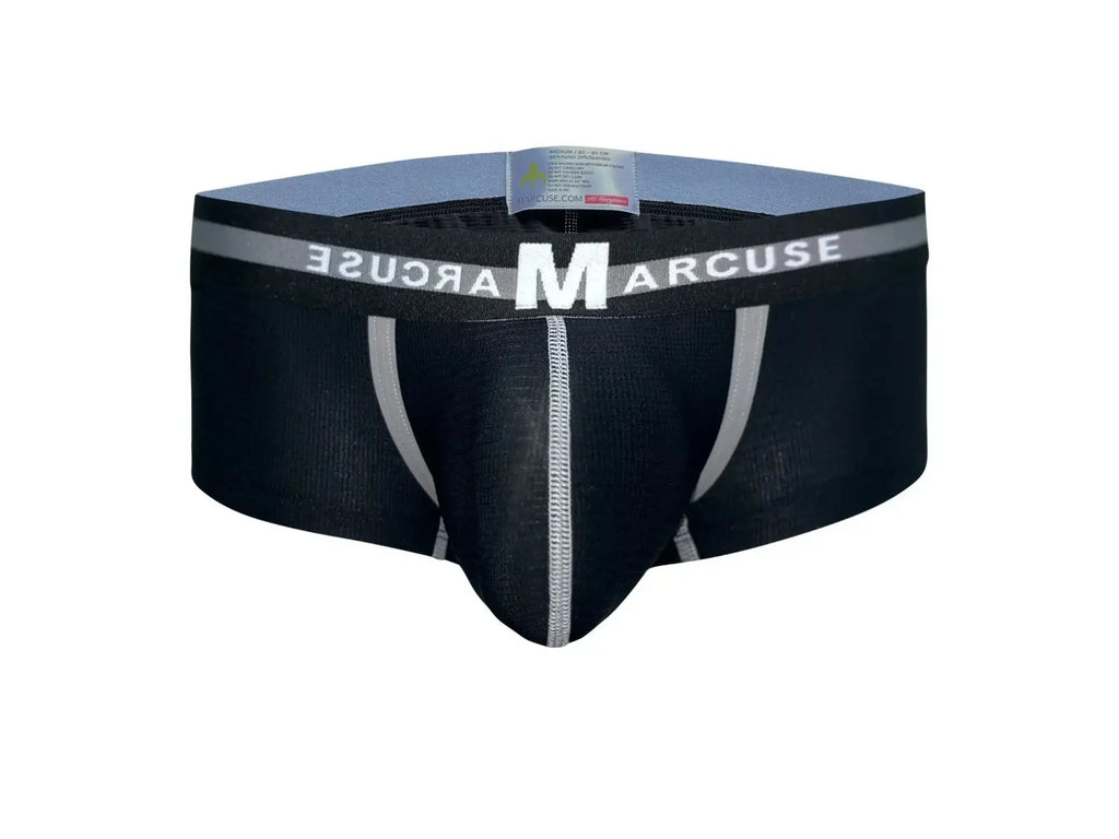 Black marcuse vertio boxer underwear with silver trim and central seam designed for comfortable everyday wear