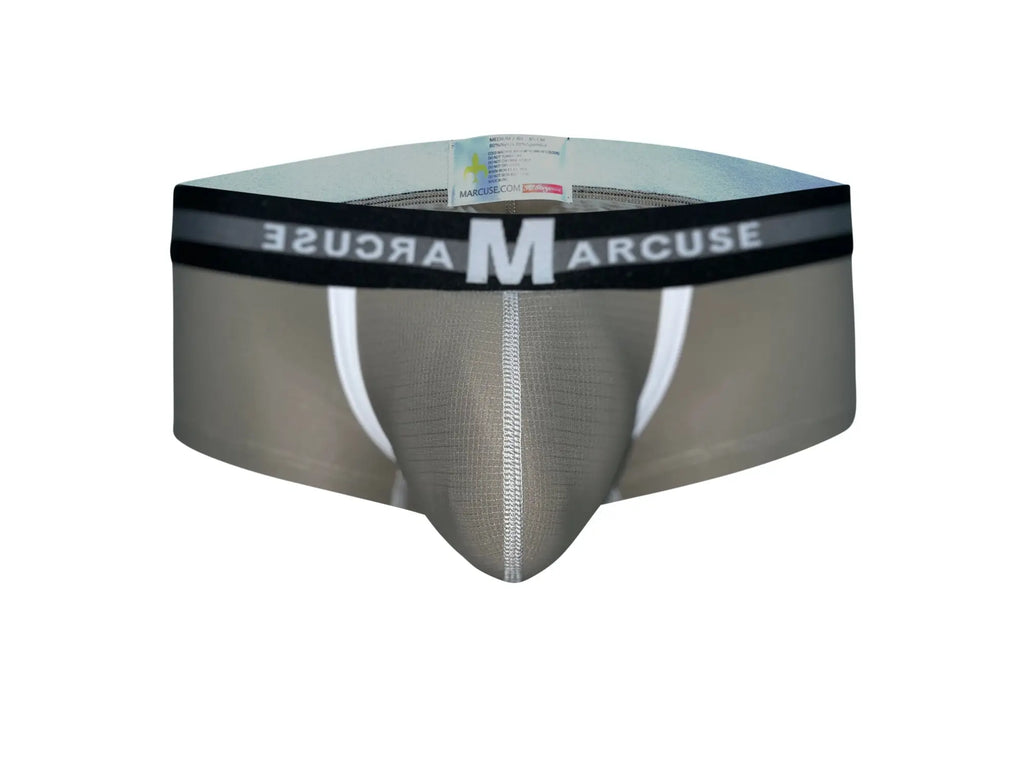 Gray marcuse vertio boxer underwear briefs with black waistband white lettering and contrasting white side seams