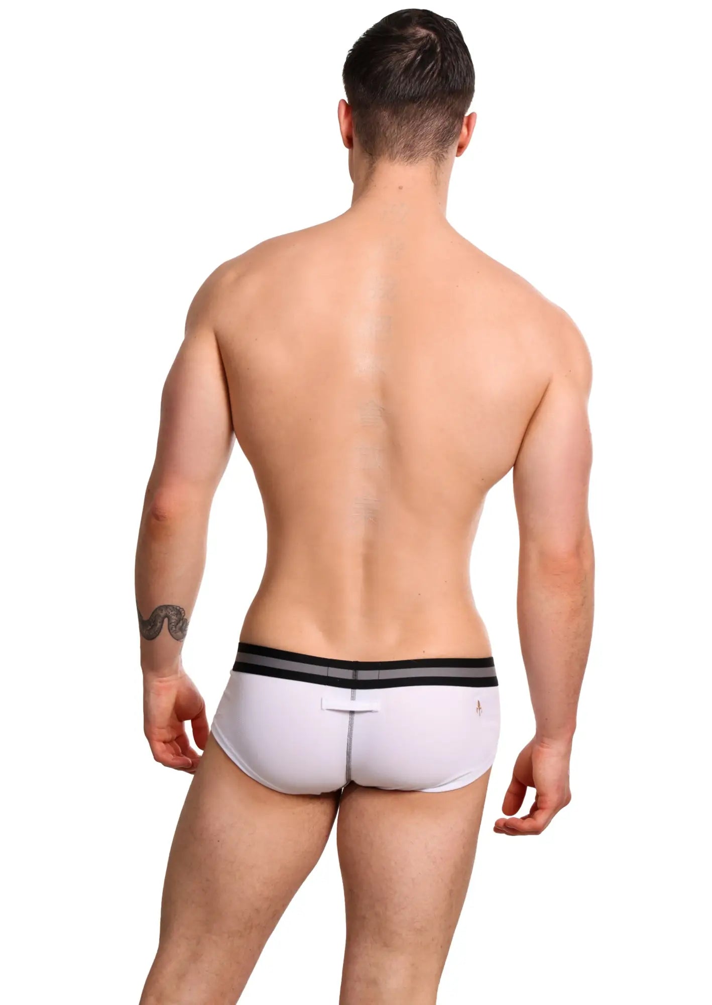 Marcuse Vertio boxer underwear white briefs with a black and gray striped waistband for comfortable wear