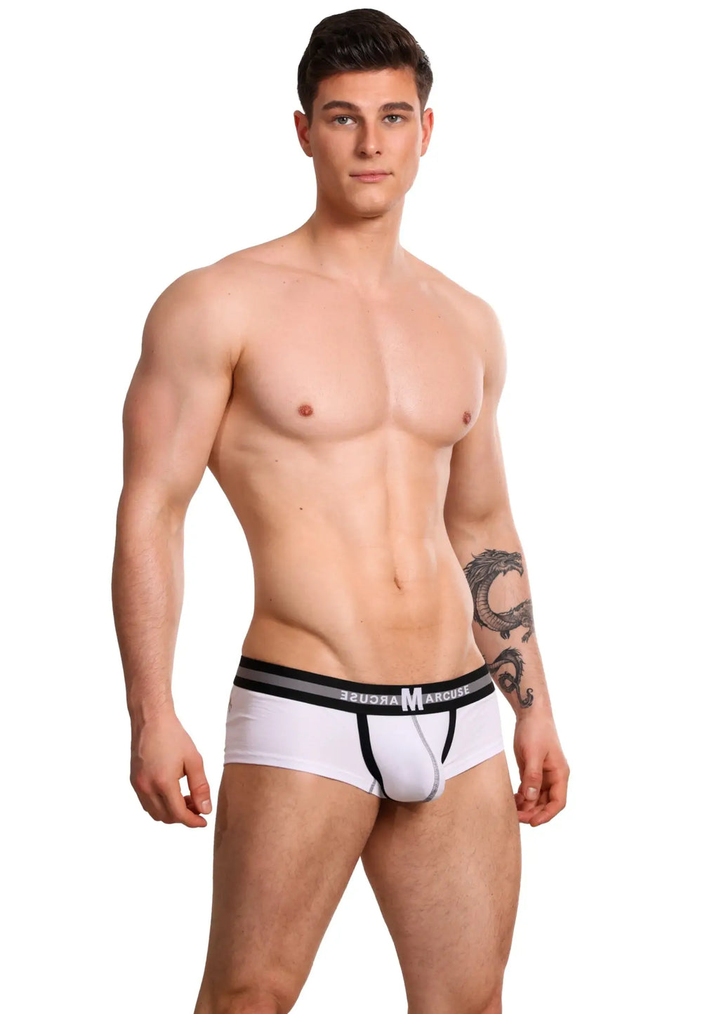 White marcuse vertio boxer briefs with black trim gray stripe and marcus waistband branding for everyday wear