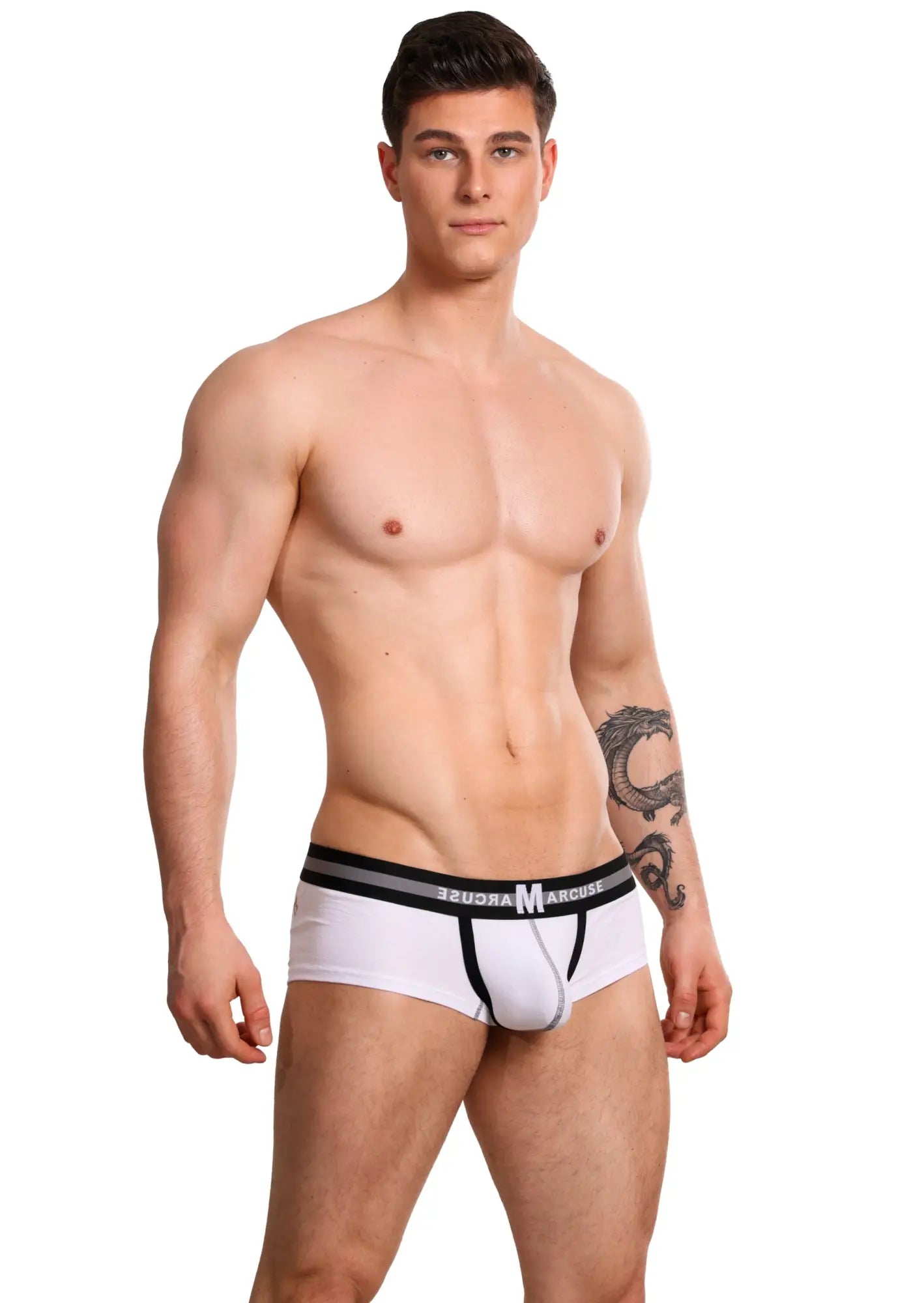 White marcuse vertio boxer briefs with black trim gray stripe and marcus waistband branding for everyday wear