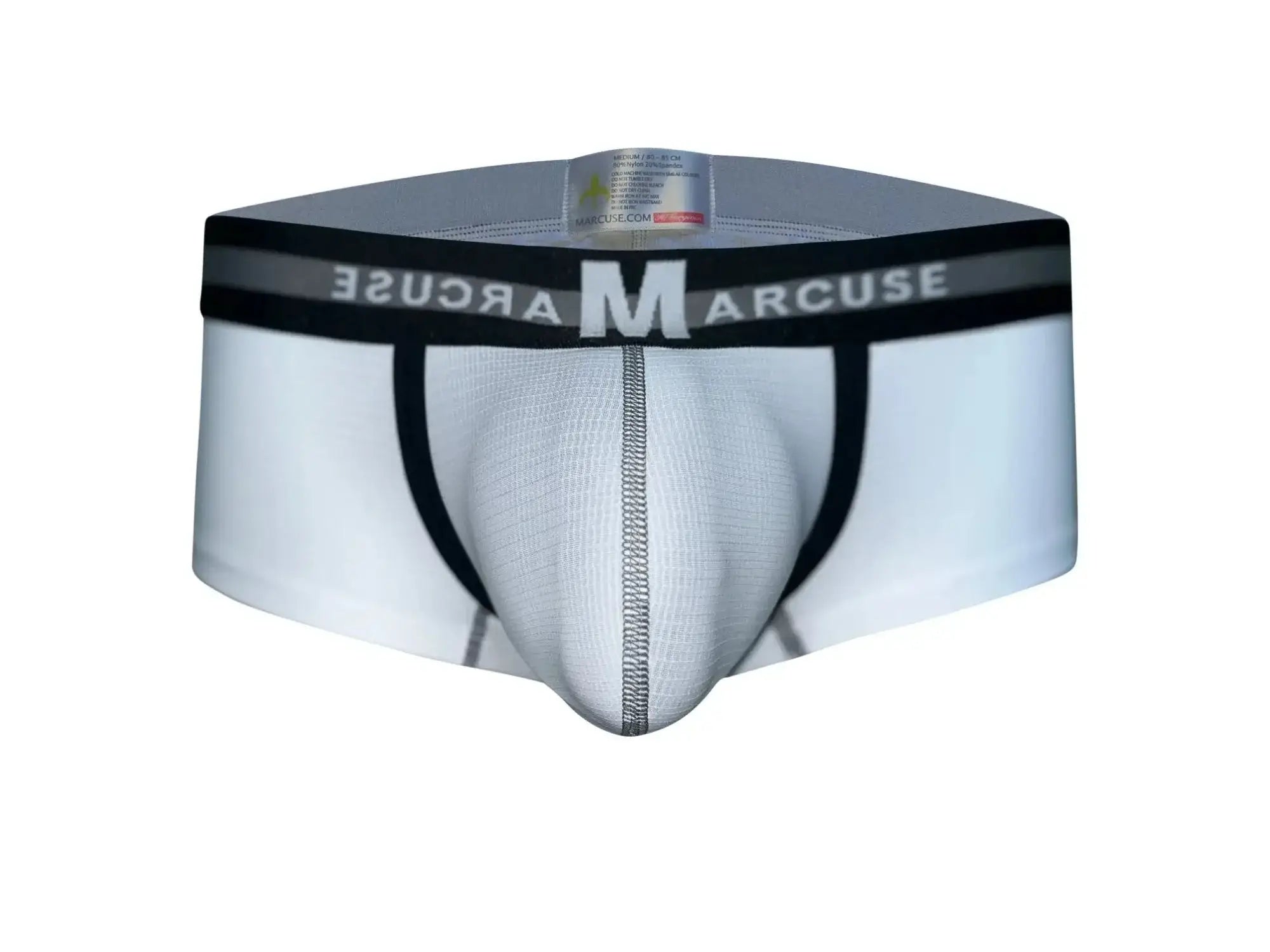 White Marcuse Vertio boxer briefs with black elastic waistband and central seam for comfortable fit