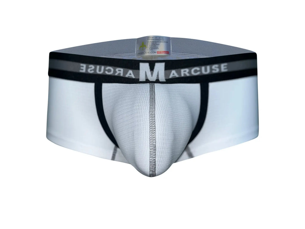 White Marcuse Vertio boxer briefs with black elastic waistband and central seam for comfortable fit