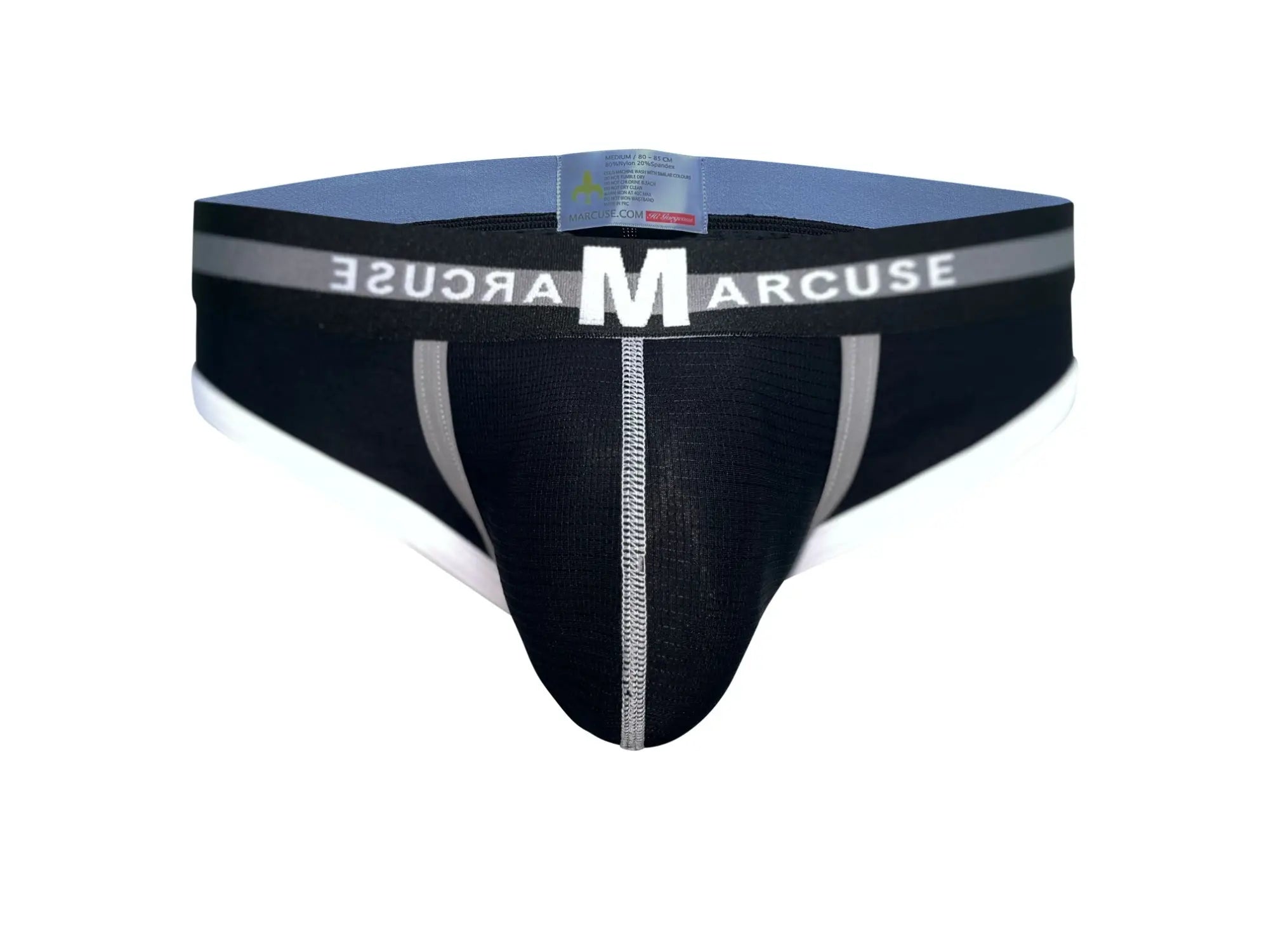 Black marcuse vertio brief underwear with white and gray trim, central seam, and elastic waistband