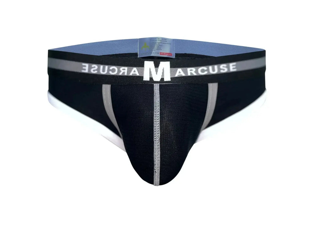 Black marcuse vertio brief underwear with white and gray trim, central seam, and elastic waistband