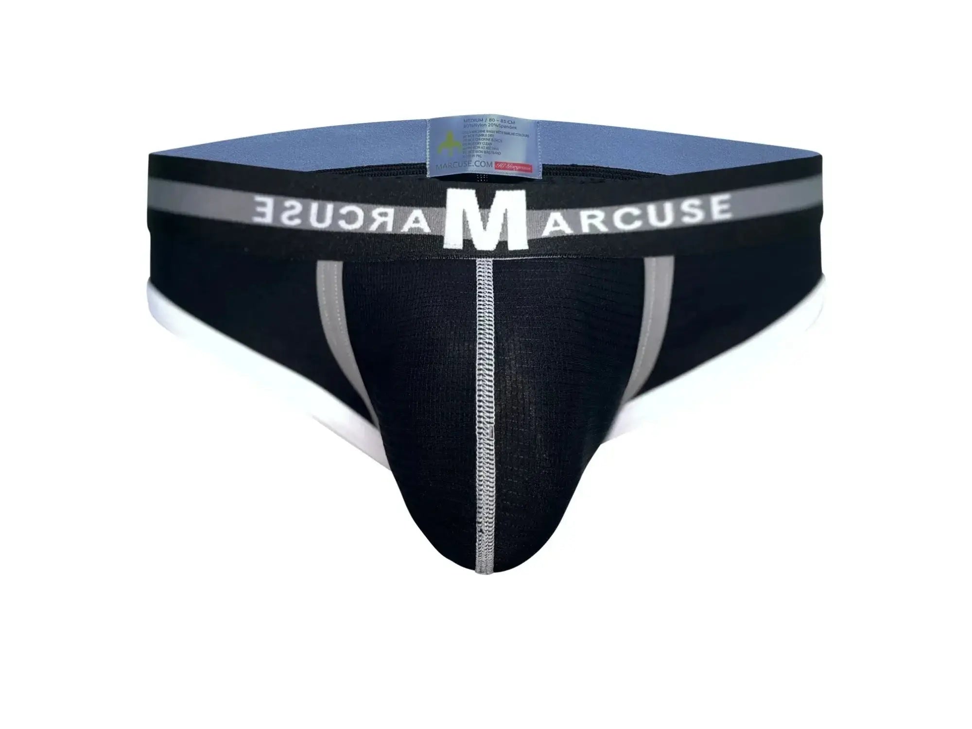 Black marcuse vertio brief underwear with white and gray trim, central seam, and elastic waistband