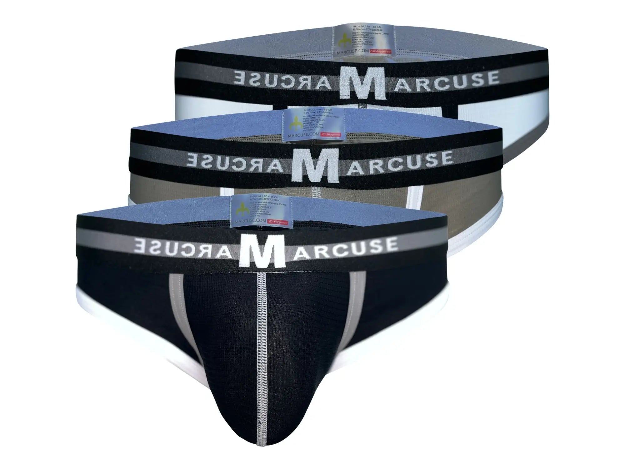 Black and white marcuse vertio brief underwear with gray waistband featuring bold marcuse branding