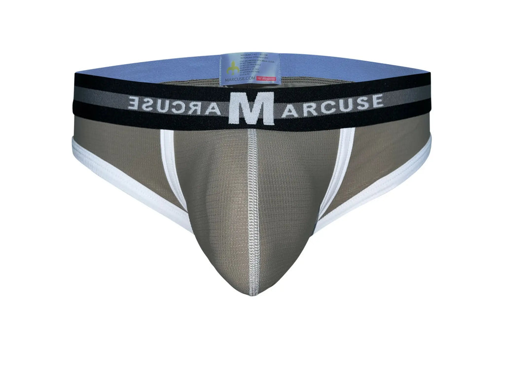 Marcuse vertio brief underwear in gray and white with black waistband featuring marcuse logo in bold white letters