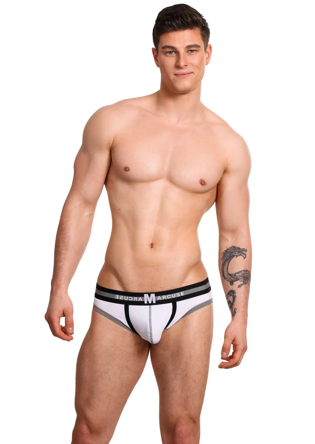 White and black marcuse vertio brief underwear with sleek modern design and bold marcuse branding on waistband