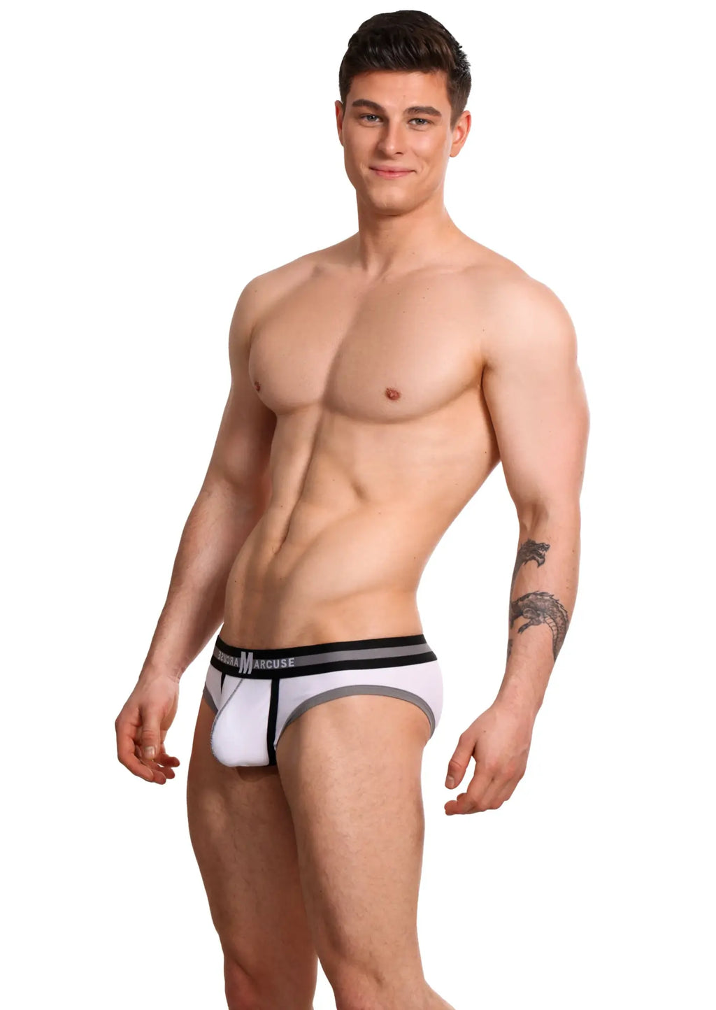 White and gray marcuse vertio brief underwear with black trim and logo waistband in athletic breathable fabric