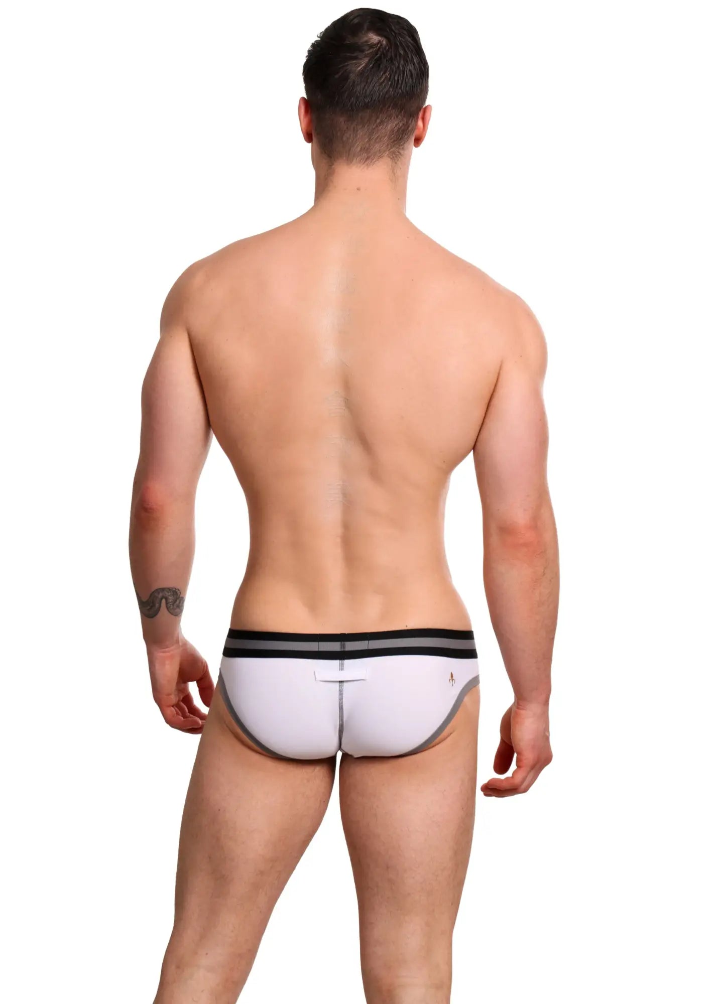 White men’s briefs marcuse vertio underwear with black elastic waistband and gray trim for comfortable everyday wear