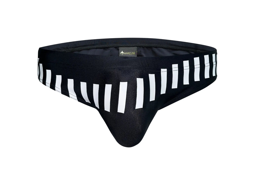 Marcuse Verve bikini swimwear black briefs with white vertical side stripes textured fabric and small Mahouse brand tag