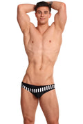Marcuse Verve bikini swimwear black swim trunks with bold white striped waistband for stylish beachwear