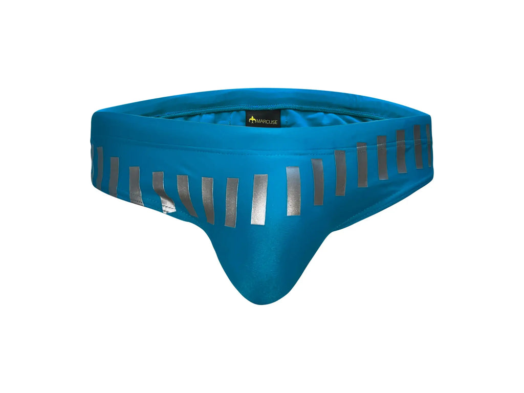 Bright blue satin Marcuse Verve bikini swimwear briefs with silver reflective stripes along the waistband