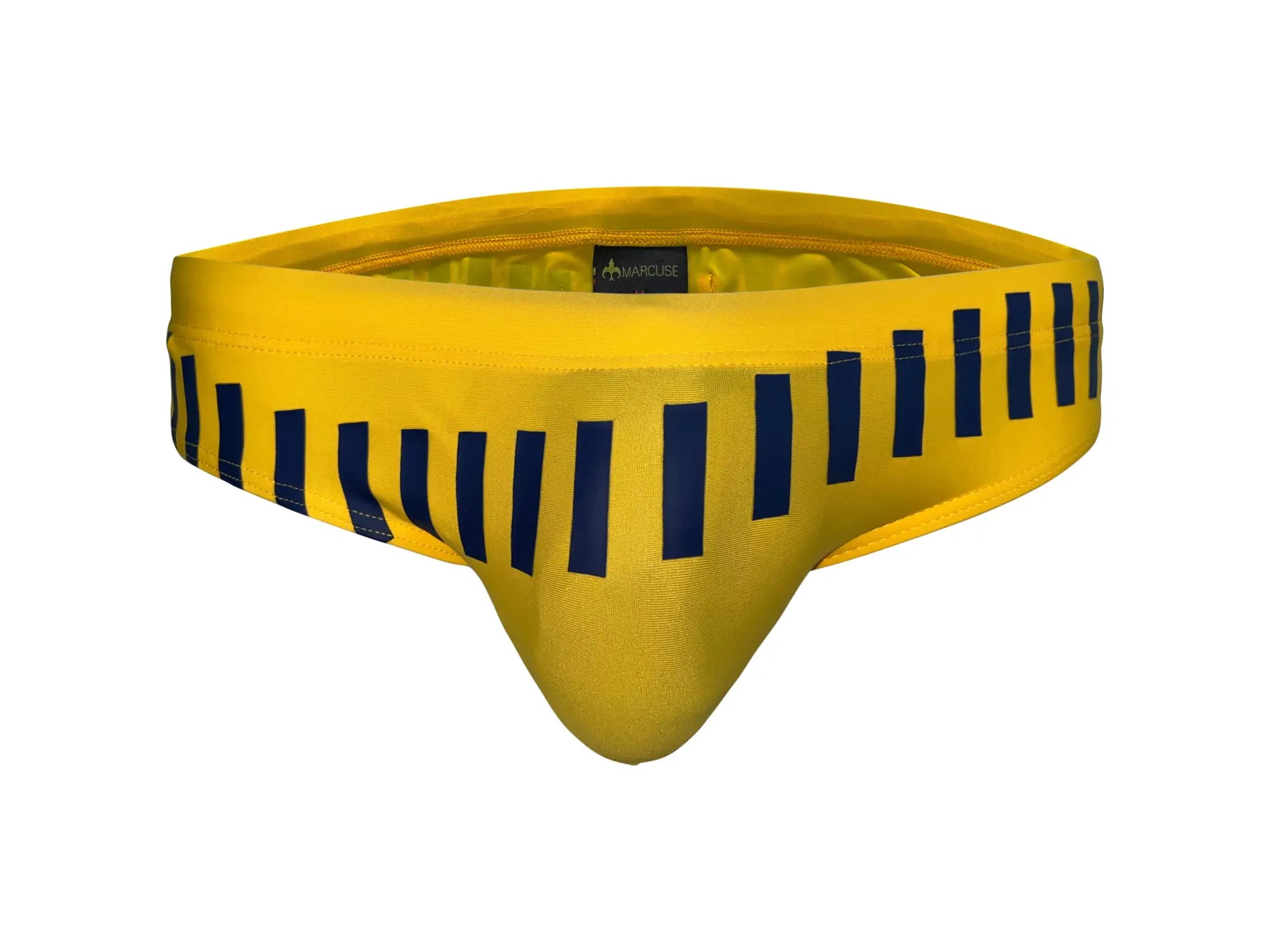 Bright yellow marcuse verve bikini swimwear briefs with bold navy blue vertical stripes for men