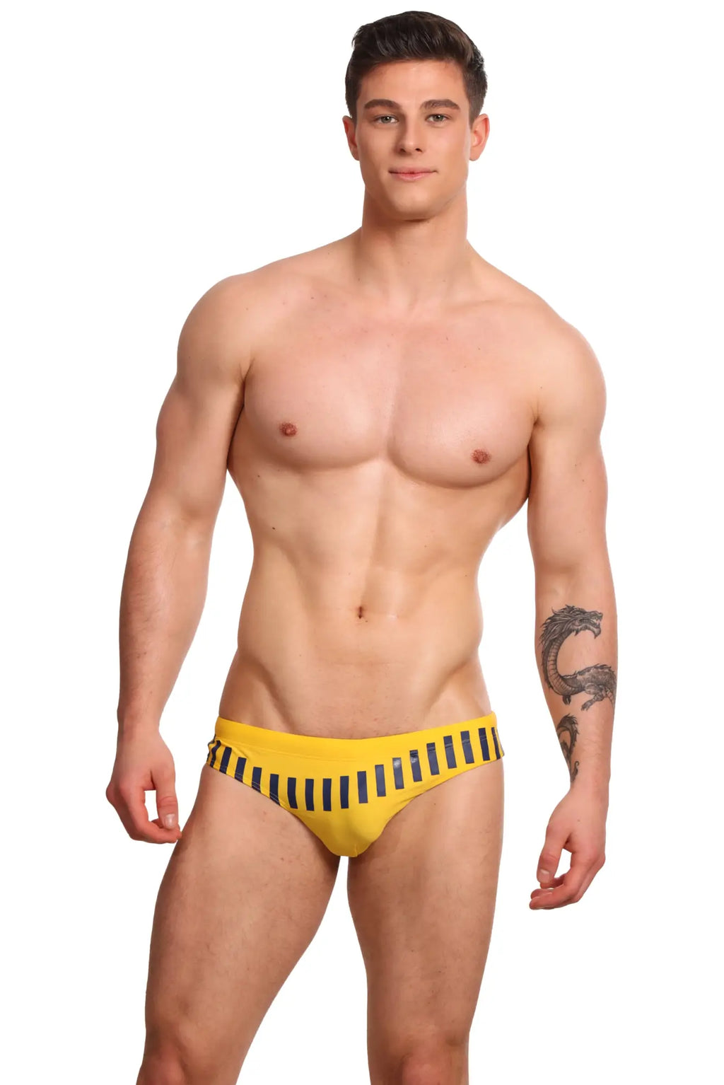 Bright yellow marcuse verve bikini swimwear trunks with bold black vertical stripes for swimming and beachwear