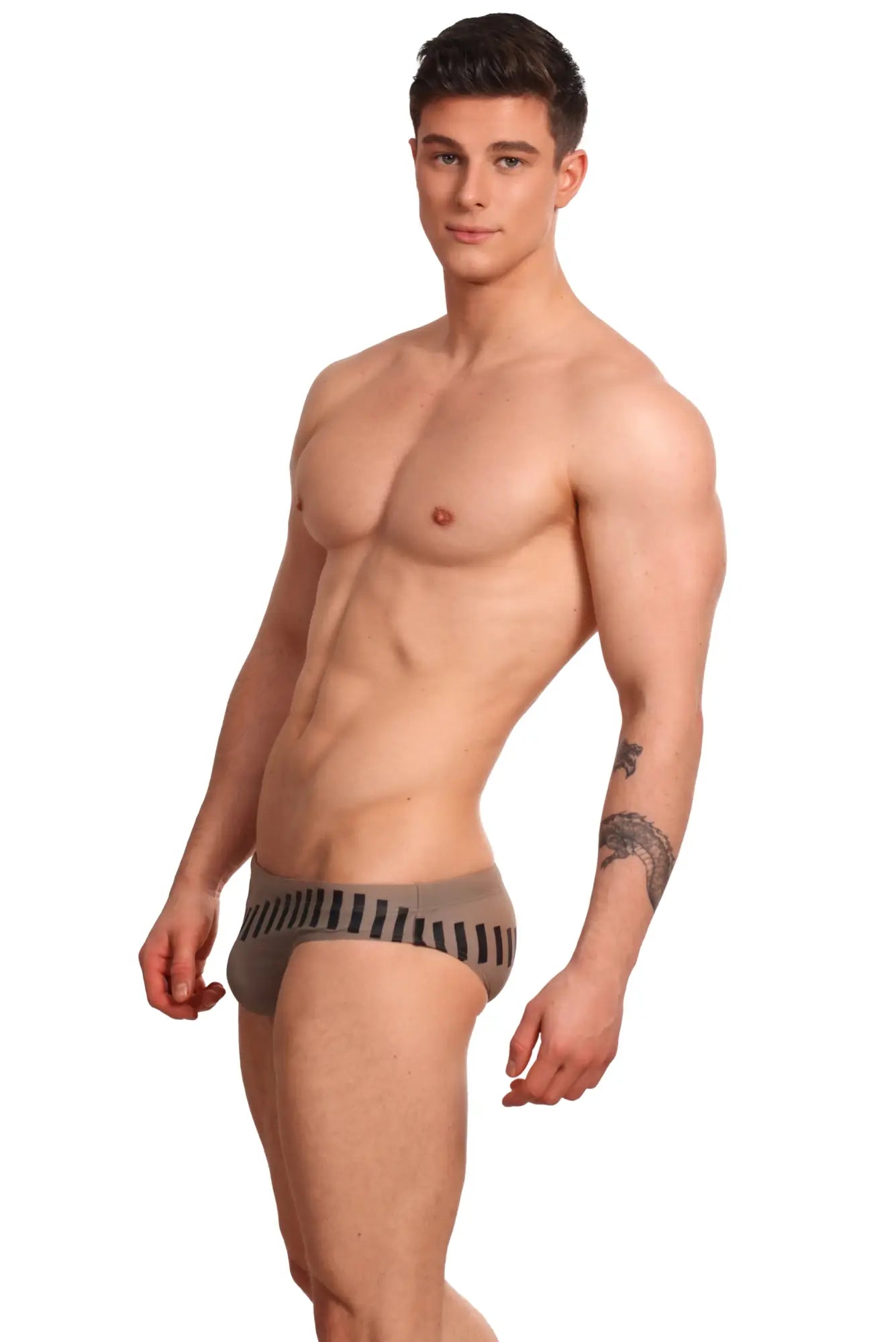 Gray marcuse verve bikini swimwear briefs with black vertical stripes made for swimwear use