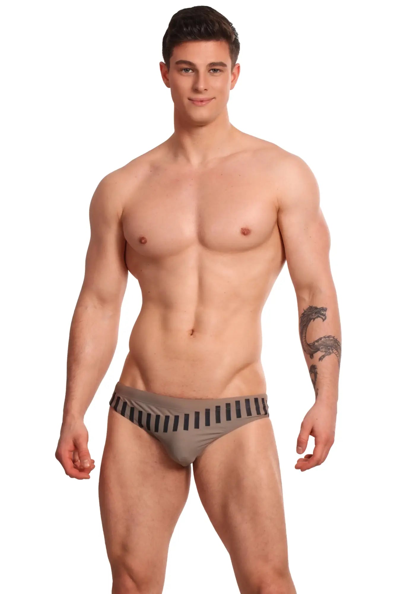 Gray marcuse verve bikini swimwear swim trunks with black vertical stripes along the waistband