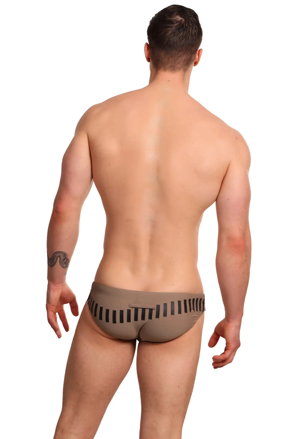 Tan briefs from marcuse verve bikini swimwear with bold black horizontal stripe pattern on waistband