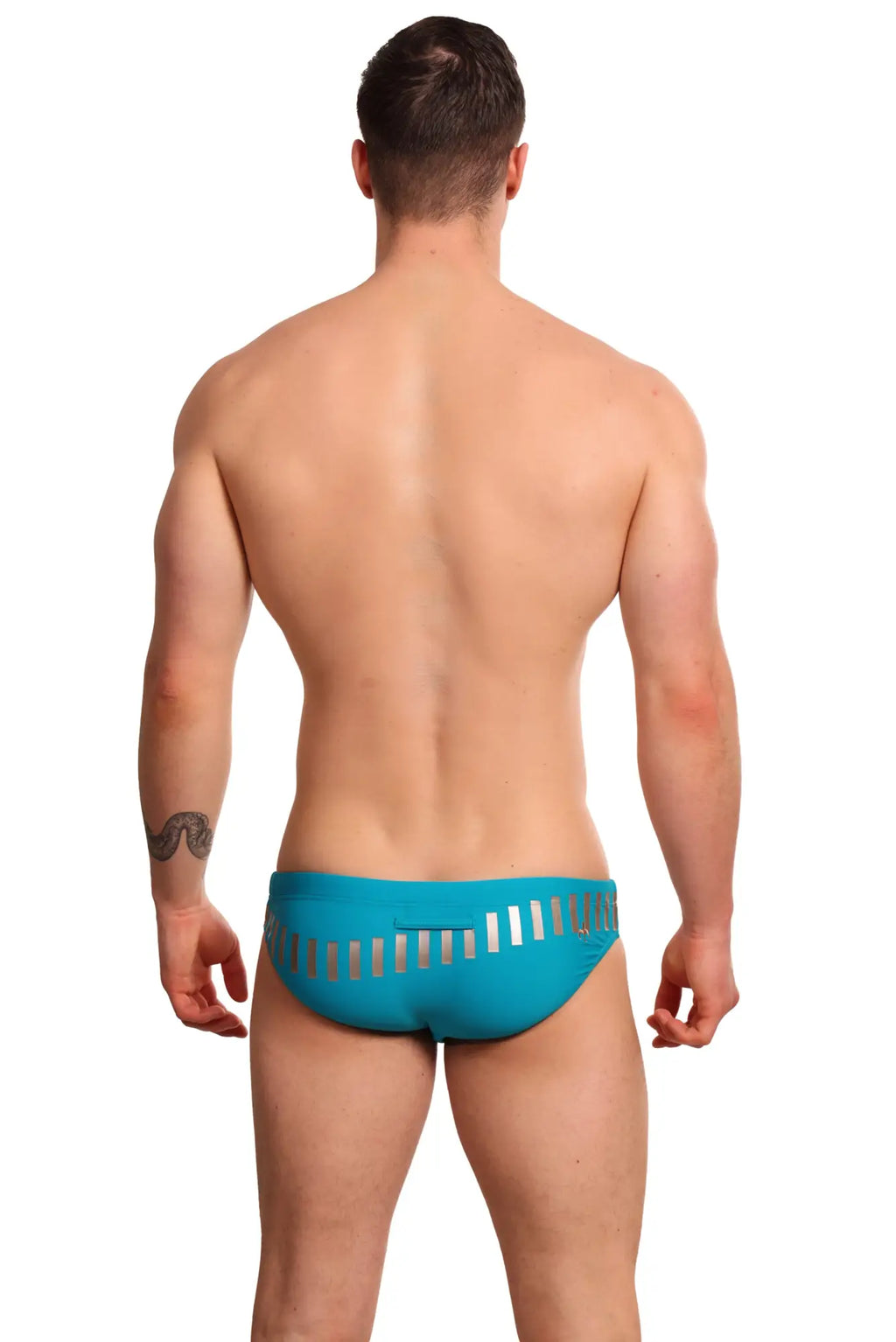 Turquoise marcuse verve bikini swimwear swim trunks with silver vertical stripes across the back side