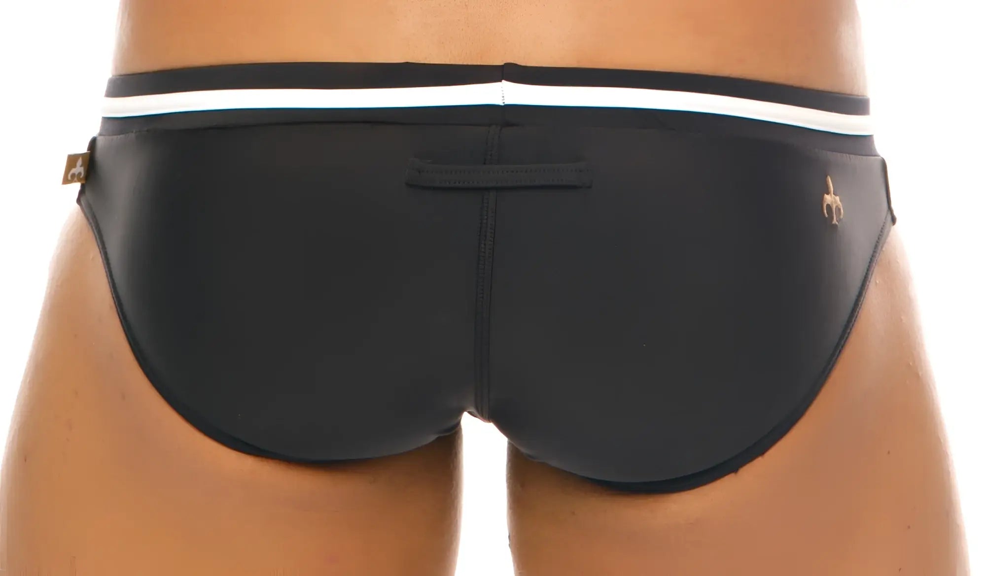 Black marcuse volie bikini swimwear trunks with white waistband stripe and gold-tone branding on the side