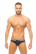 Black marcuse volie bikini swimwear trunks with white trim and gold logo on waistband for swimming and beachwear