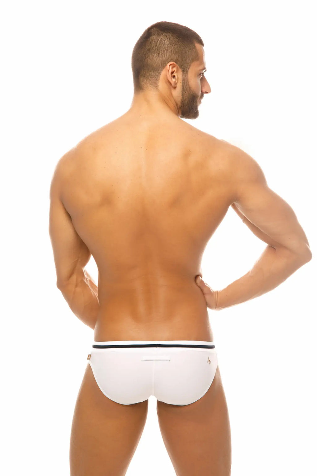 Marcuse Volie bikini swimwear white briefs with black waistband and subtle side branding front view